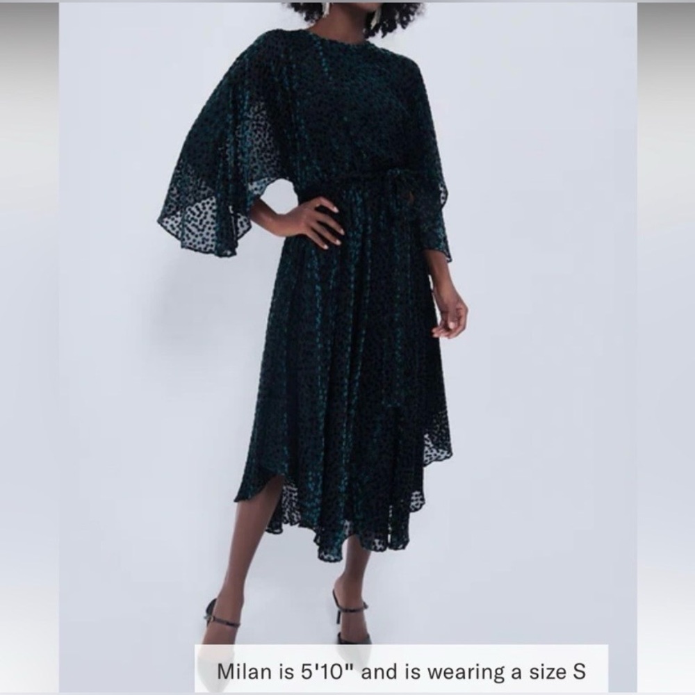 Tuckernuck size M Katrina dress, black flock dot velvet, black, blue and green